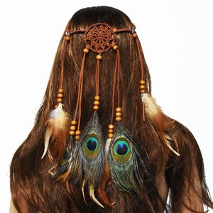 Bohemia Style Handmade Peacock Feather Headbands with Flannel and Beads Dream Catcher Tassel Shape Hair Accessories for Women