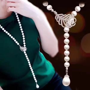 Annodato a mano 8mm conchiglia bianca perla micro intarsio zircone accessori piuma collana catena maglione 90-95 cm