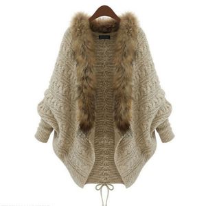 Kvinnor Casual Open Neck Long Bat Sleeve Solid Khaki Fur Collar Winter Knit Cardigan Kvinnors Tröjor
