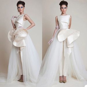 New Designer Evening Dresses Jumpsuit Tulle Train Satin and Lace Prom Dress Custom Made Sweep Train Party Dress