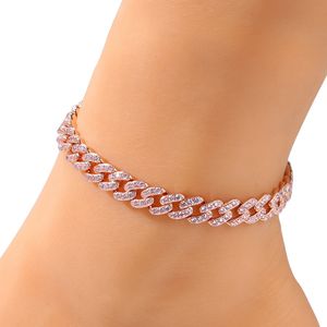 Mode Womens Anklets Armband Out Cuban Link Chain Armbänder Gold Pink Diamond Hip Hop Juwely