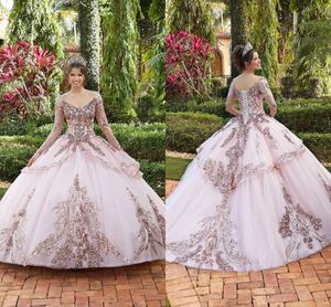 Lindo doce rosa 16 quinceanera vestidos princesa vestido de baile 2021 apliques de lantejoulas brilhantes mangas compridas vg pescoço inchado tulle camadas de baile de pré-formal al6773