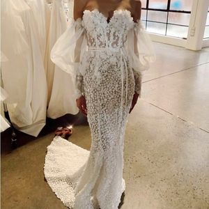 Major Flowers Mermaid Wedding Dresses Off The Shoulder Plus Size Bridal Dresses vestido de novia Illusion Full Sleeves Wedding Gowns