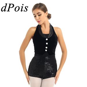 Womens Jazz Dance Leotard Halter Neck Sem Mangas Baixo Voltar Vista De Veludo Top Lantejoulas Bottom Ballet Botisuit Para O Performance do Estágio