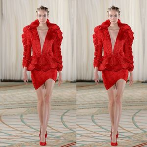 2021 Tony Ward Prom Dresses Sexy Ruffles Głębokie V Neck Długi Rękaw Mini Suknie Wieczorowe 2 Sztuk Red Dywan Sukienka Vestidos de Novia