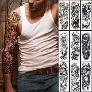 Grande manica del braccio del tatuaggio Maori Power Totem impermeabile autoadesivo del tatuaggio temporaneo Guerriero Samurai Angelo Skull Men Full Black Tatoo T200730