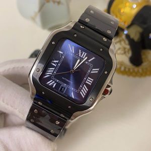 Square Watches 42mm Blue Dial Black Stainless Steel Mechanical Watches Case and Bracelet Fashion Mens Male Automatic Wristwatch