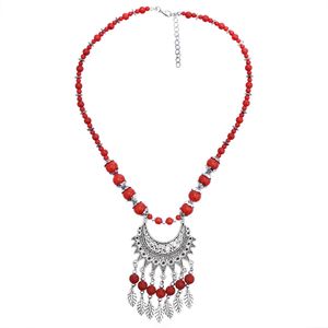 Geometria in stile vintage fiore intagliato luna con perle rosse e nappe leabes Collana a sospensione per donna Regalo per il matrimonio