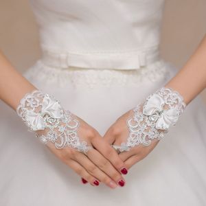 Vintage Embroidery Lace Short Gloves Satin Bowknot Rhinestone Beaded Adjustable Ribbon Wedding Bridal Mittens