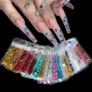 Nail Art Glitter Sequins Kelebek Akçaağaç Yaprağı Lazer Yıldız Gevreği 3D Gümüş Altın Pullu Lehçe Manikür Çivi Süslemeleri Aksesuar