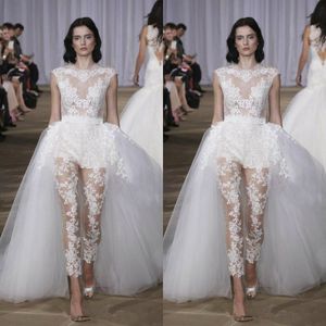 Vestidos elegantes do casamento do laço macacões Jewel Neck Lace vestidos de noiva Com overskirts barato Um vestido Line Wedding 2020