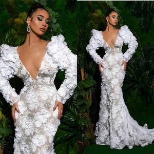 Puffy Long Sleeve Mermaid Prom Dresses 2021 Sexy V-neck Full Lace 3D Floral Arabic Dubai Celebrity Runway Evening Dress Wear