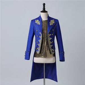 Mäns Mode Jacquard Jacka England Style Vintage Court Prince Lång Broderad Tailcoat Male Singer Stage Performance Coat Blue Slim Fit Tuxedo