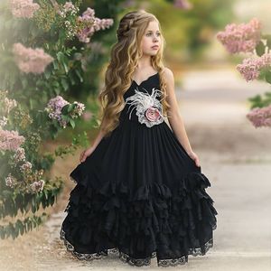 ブラックアインズスパンコールの女の子のドレスと結婚式の階層のための花のサッシと幼児のページェントガウンフロアレング