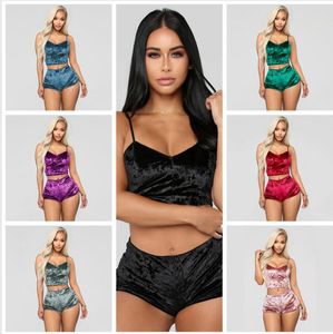 Kvinna Sexig Velvet Pajama Set Lace Camisole V-Neck Crop Tops Bow Shorts 2st Sleepwear Underkläder Pyjamas Set Kvinnlig fritidskläder LJJP150