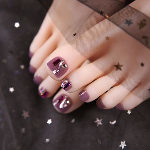 24pcs/box Summer Wearable Full Cover Women Fashion false toenails Transparent Crystal Purple Foot Fake Nails with Glue press on