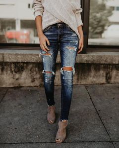 2020 летняя высокая талия джинсы женские повседневные разорванные отверстия подрезанные тонкие тощие длинные джинсы джинсы женские карандаш старинные джинсовые брюки
