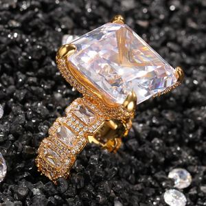 Nowy Moda Hip Hop Prawdziwe Pozłacane Big Bling Square CZ Cubic Cyrkonia Bling Mens Finger Band Ring Rapper Biżuteria Prezenty dla chłopaków chłopaków