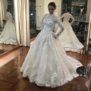 Elegant Ball Gown Wedding Dress High Neck Long Sleeves Lace Appliques Sweep Train Covered Button Long Bridal Gowns