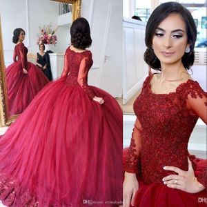 Dark Red Bury Ball Gown Quinceanera Dresses Sheer Long Sleeves Lace Appliques Beaded Tulle Button Back Party Pageant Prom Evening Gowns