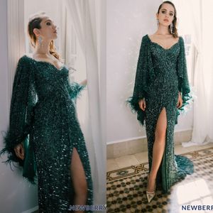 2020 Hunter Green Evening Dresses Sequins Beaded Party Gown Tulle Sweep Train Quinceanera Dress Custom Made Bridesmaid Dress