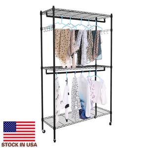 2Tier Rod Closet Organizer Garment Black Rack Bedroom Easy to Install Clothes Storage Hanger Shelf Hooks US Stock