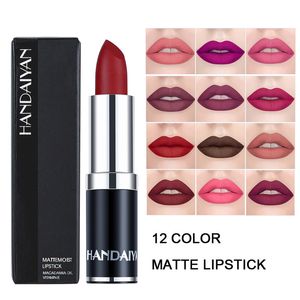 Purple Lipstick großhandel-12 Farben Matte Lipstick Tubes Wasserdichtes langlebige Lila Lippenstift Pigmente Make up nie Fade Away