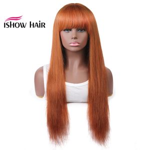 Ishow Hair Brazylijczyk 4/27 Proste ludzkie włosy peruki z bangami 27 # 30 # 99J Orange Ginger Peruwiańskie Brak Koronki Peruki Indiańskie Hair Malaysian