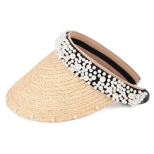 Beliebte Modedesigner Sommer Outdoor Strand elegante Grasgeflecht Perle lässig Baseball Ball Caps Hüte für Frauen weiblich ohne Oberteil