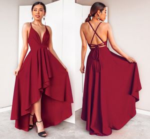Burgundy Dress For Party Elegant A Line Deep V Neck Spaghetti Strap High Low Sexy Bridesmaid Dresses With Cross Back Evening Dress