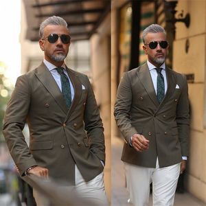 2-piece Dark Grey Coat+White Pant Wedding Suits Double Breasted Handsome Custom Made Suits Tuxedos Party Formal Business Peaked Lapel Blazer