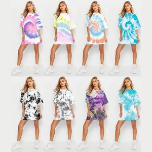 8 색상 여성 타이 염료 인쇄 최고 느슨한 캐주얼 라운드 넥 T 셔츠 여름 새로운 패션 중간 길이의 셔츠 출산 티를 중간 소매