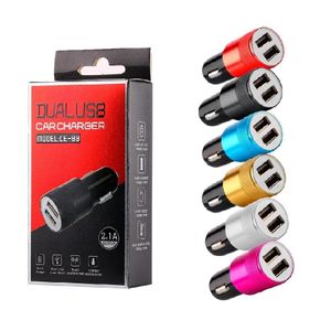 Portas USB duplas Carregador de carro Liga de metal Universal 2.1A Carregadores Adaptadores de energia para iPhone 11 12 14 15 Pro Max 13 Samsung Pc Mp3 Gps Android Phone com caixa