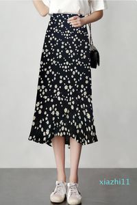 Fashion-Tupfenrock Damen Sommer Chiffonkleid 2020 Neuer Stil Hohe Taille Tasche Hüftrock Mittellanger kleiner Blumen-Fischschwanzrock