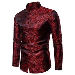 Fake Silk PaiSley Tuxedo Рубашки осенью уличные Одежда с длинным рукавом Мужские рубашки Стенд воротник офисная рубашка мужчины большой и высокий размер XXL