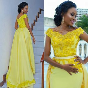 Yellow Evening Dresses With Detachable Train Off Shoulder Capped Short Sleeve Mermaid Prom Gowns Formal Party Wear vestidos de novia
