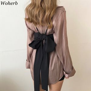 Woherb Korean Vintage Bluzka z długim rękawem Kobiety Solidna koszula 2020 NOWA MODIS Spring Summer Tops Bandage Blusas CX200711