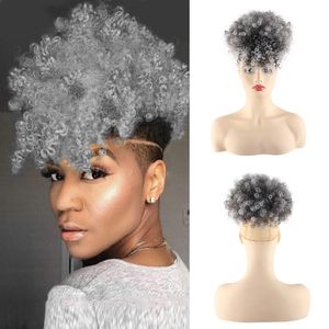 Cordão do sopro do Afro Grey cabelo Kinky Curly rabo de cavalo 100% de Clip real Coque Chignon peruca para mulheres Updo na extensão do cabelo humano