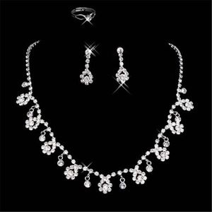 15018 Cheap Frere Ship Hot Sale Holy White Rhinestone Crystal Flower Earring Necklace Set Bridal Party