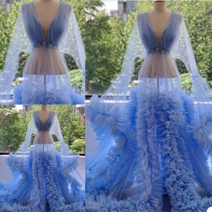 Light Blue Ruffles Evening Dresses Plus Size Tulle Appliqued Formal Prom Gowns Handmade Puffy Special Occasion Dress