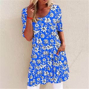 Kvinnor Ficka Blommig Klänning Mode Trend Sommar Kort Kjol Designer Kvinna Rund Neck Blommig Tryckt Kortärmad Loose Casual Dresses