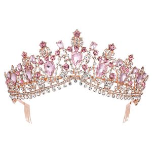 Barokowa Rose Gold Pink Crystal Bridal Tiara Crown with Grzebień Pagewan Prom Rhinestone Veil Tiara Pałąk Wąż Akcesoria do włosów Y200727