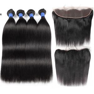 10A Brazilian Straight Human Hair Extensions with Lace frontal Virgin Hair Weave 4Bundles Virgin Human Hair Bundles with Closure Wholesale