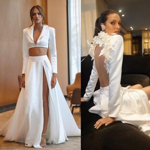 2020 Sexy Wedding Dresses V Neck Appliqued Beaded Long Sleeves Bridal Gown High Split Sweep Train 2 Piece Robes De Mariée