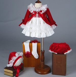 Испания Дизайн девушка одежда платье Дети Большой оборками воротник Большой красный цвет с кружевом дизайн хлопок Изысканное с длинным рукавом принцесса платья