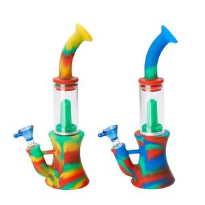 Silicone Bong Hookahs com tigela de vidro difuso colorido portátil Dobrável fumando tubos de água borbulhante plataforma de óleo 10 polegadas DAB plataformas