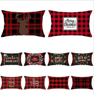 Christmas Pillow Covers Red Plaid Elk Throw Pillow Case Rectangle Sofa Pillowcase Plaid Printing Couch Cushion Cover Christmas Decor LSK555