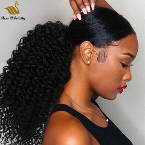 Kinky Curly Ponytail Hair Extensions Brasilianska Virgin Drawstring Ponytails för Black Women Natural Color 10-30Inch