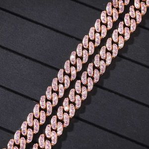 9mm Iced Out Women Choker Halsband Rose Gold Metal Cuban Link Full With Pink Cubic Zirconia Stones Chain Jewelry233C
