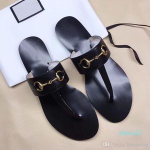 Hot Sale-Flat Slippers Designer Autentisk Cowhide Beach Slippers Läder Lazy Flip Flops Metal Spänne Kvinna Skor Stor storlek US11 42 43